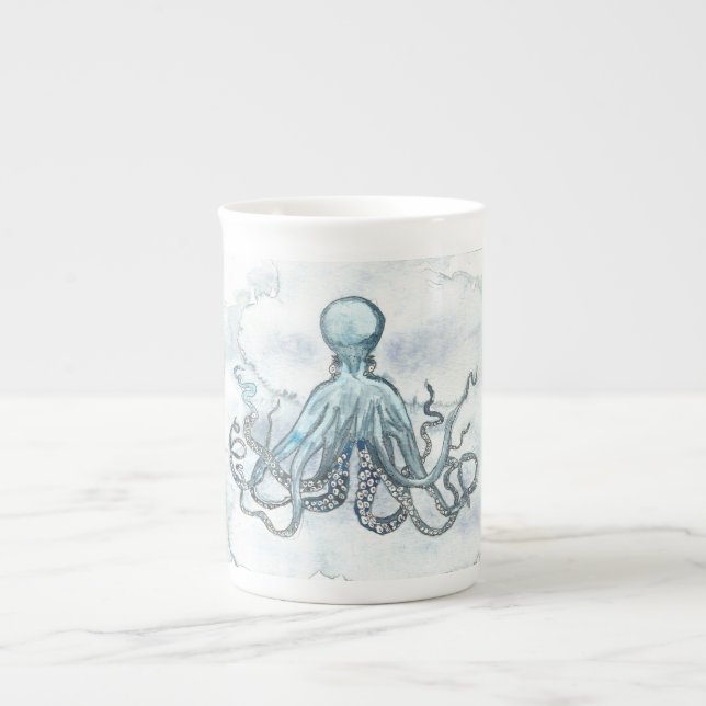 Blue Octopus Bone China Mug Tea Coffee Ocean Beach (Front)
