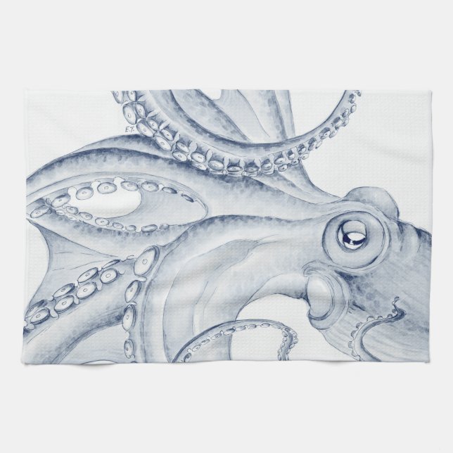 Blue Octopus Cephalopod Kraken Ink Kitchen Towel (Horizontal)