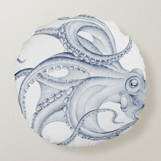 Blue Octopus Cephalopod Kraken Ink Round Pillow (Back)
