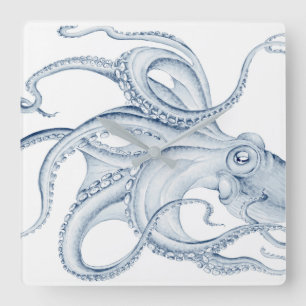 Blue Octopus Cephalopod Kraken Ink Square Wall Clock