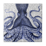 Blue Octopus Ceramic Tile<br><div class="desc">Blue Octopus 3 by Fab Funky. Features a blue-purple octopus with a book page for a background.|190413D</div>
