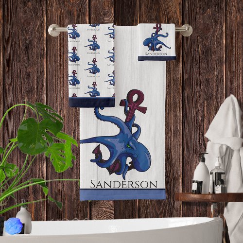  Blue Octopus Coastal White Wood  Nautical Bath To Bath Towel Set