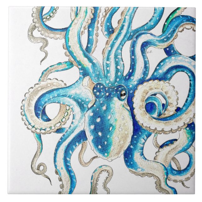 Blue Octopus Comic Style Ceramic Tile (Front)