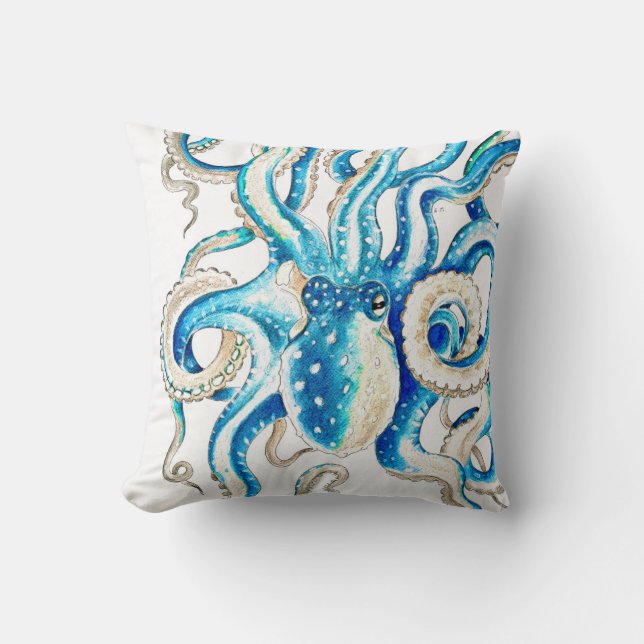 Blue Octopus Comic Style Throw Pillow (Front)