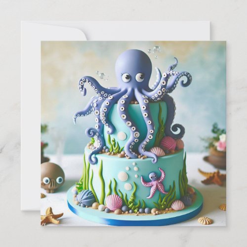 BLUE OCTOPUS DECORATED KIDS BIRTHDAY CAKE CARD