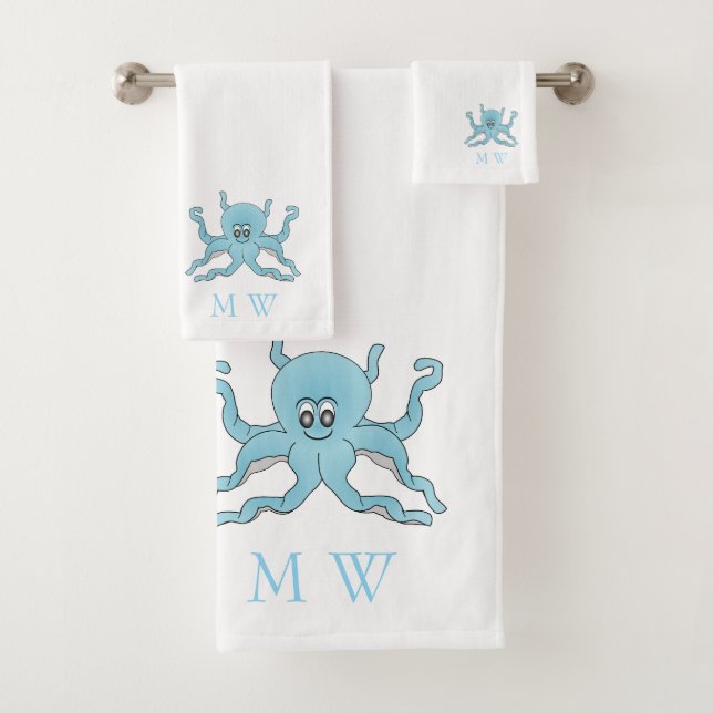 Blue Octopus Design Monogrammed Bath Towel Set (Insitu)
