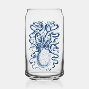 Blue Octopus Graphic Vintage Drawing Can Glass