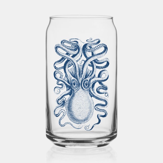 Blue Octopus Graphic Vintage Drawing Can Glass (Front)