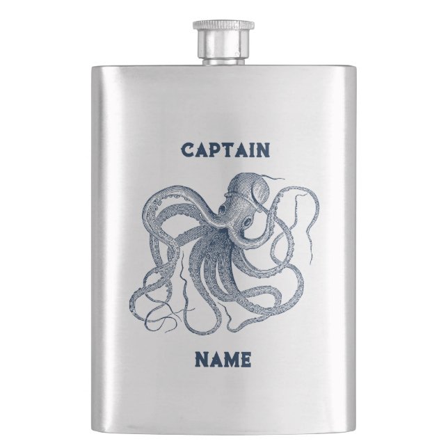 Blue octopus illustration custom name and captain flask (Front)