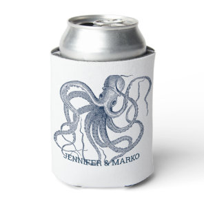 Blue octopus illustration with a custom monogram can cooler