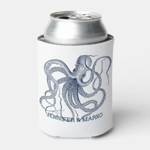 Blue octopus illustration with a custom monogram can cooler