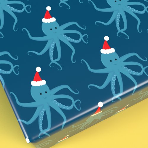 Blue Octopus in Santa Hat Christmas Holiday Wrapping Paper