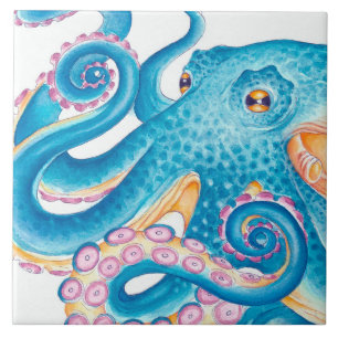 Blue Octopus Kraken Orange Pink Watercolor Ceramic Tile