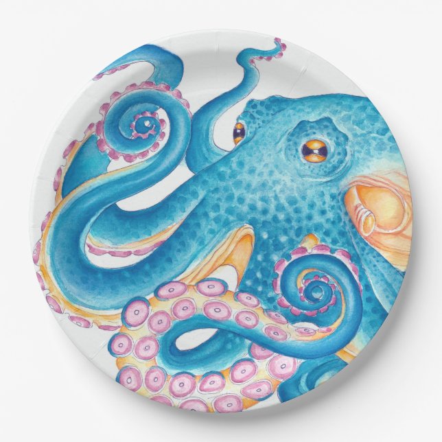 Blue Octopus Kraken Orange Pink Watercolor Paper Plates (Front)