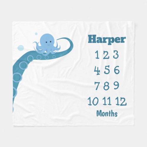 Blue Octopus Name Milestone Fleece Blanket