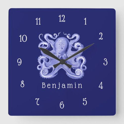 Blue Octopus Nautical Coastal Beach House Name Square Wall Clock