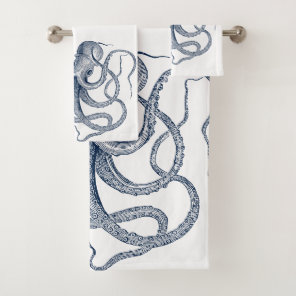 Blue octopus nautical illustration bath towel set