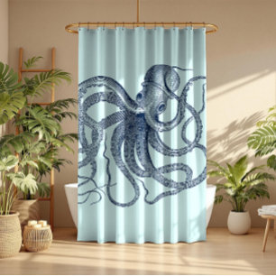 Blue octopus nautical illustration on light green shower curtain