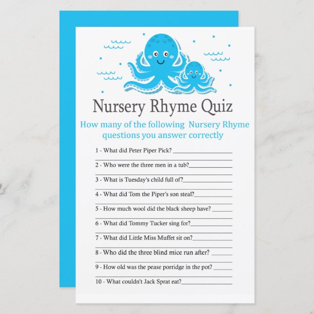 Blue Octopus Nursery Rhyme Quiz baby shower game (Front/Back)