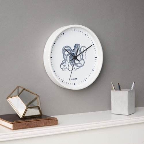 Blue octopus on a white background clock