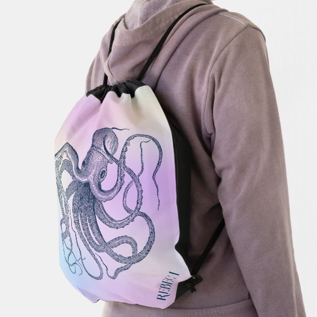 Blue Octopus on holographic background Drawstring Bag (Insitu)