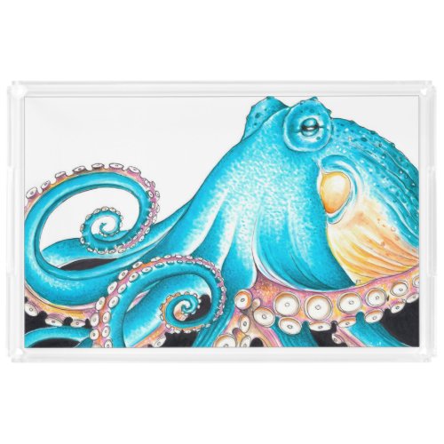 Blue Octopus On White Ink Acrylic Tray