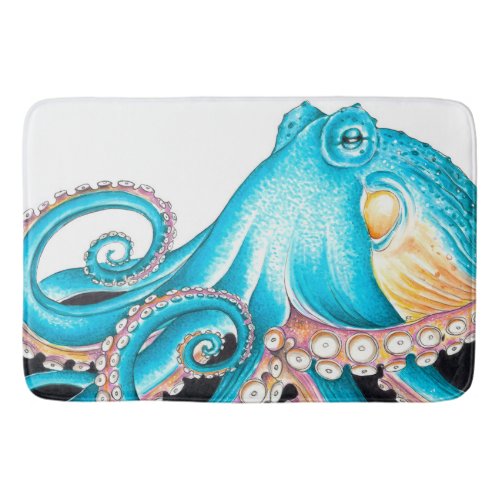 Blue Octopus On White Ink Bath Mat