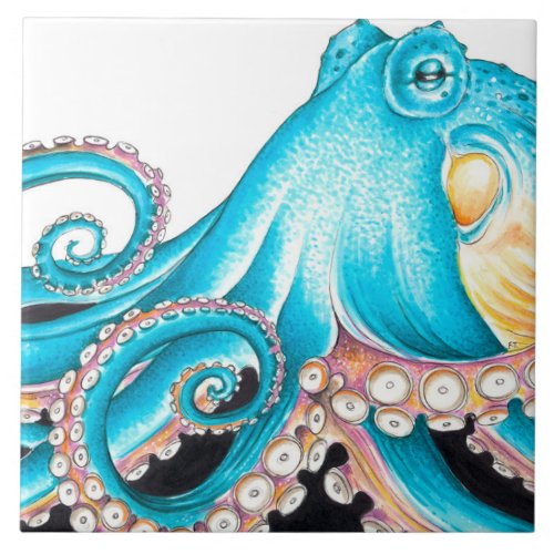 Blue Octopus On White Ink Ceramic Tile