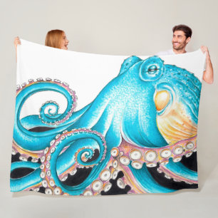 Blue Octopus On White Ink Fleece Blanket