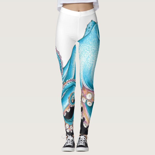 Blue Octopus On White Ink Leggings (Front)