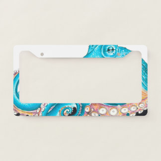 Blue Octopus On White Ink License Plate Frame