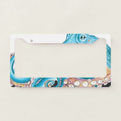 Blue Octopus On White Ink License Plate Frame