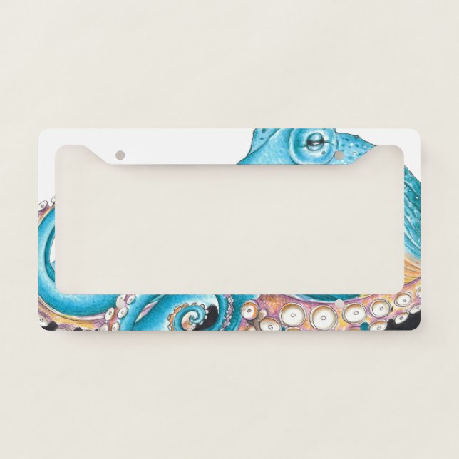 Blue Octopus On White Ink License Plate Frame (Front)