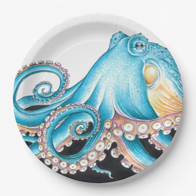 Blue Octopus On White Ink Paper Plates (Front)