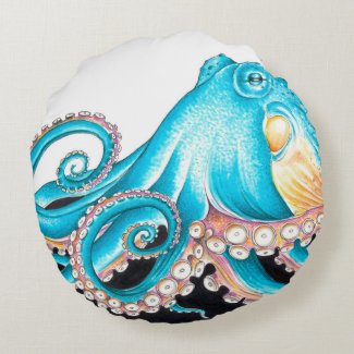 Blue Octopus On White Ink Round Pillow