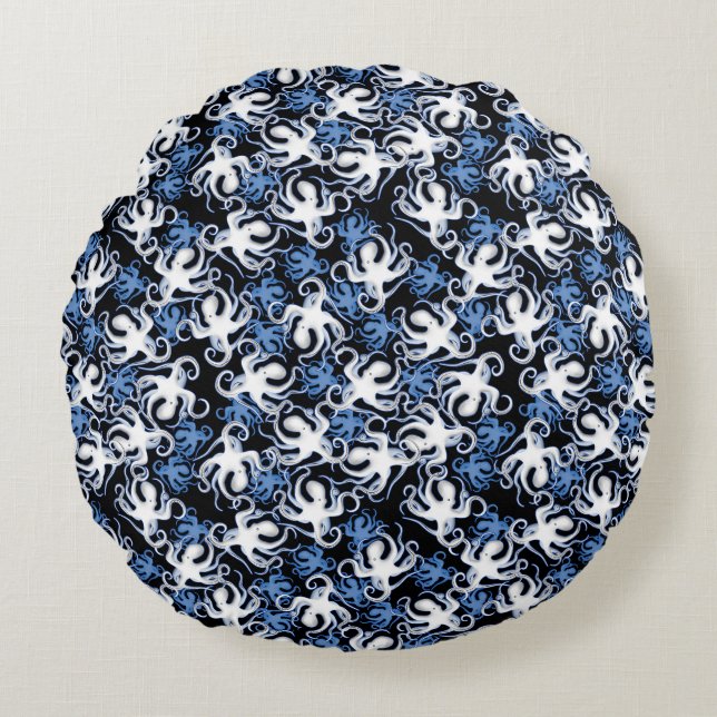 Blue Octopus Repeating Pattern Round Pillow (Front)