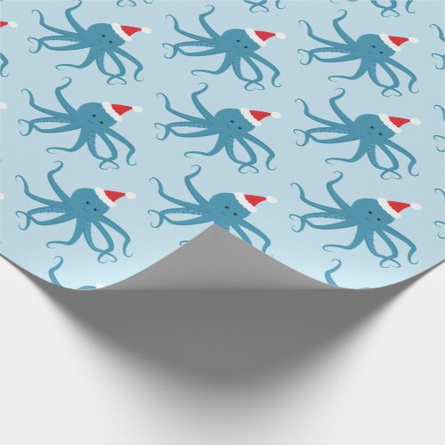 Blue Octopus Santa Hat Christmas Holiday  Wrapping Paper