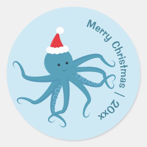 Blue Octopus Santa Merry Christmas Classic Round Sticker