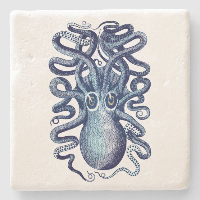 Blue Octopus Sea Monster Stone Coaster (Front)