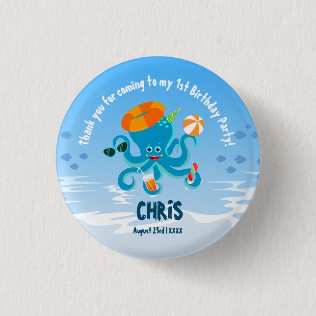  Blue Octopus Under the Sea Boy Birthday Party Button (Front)