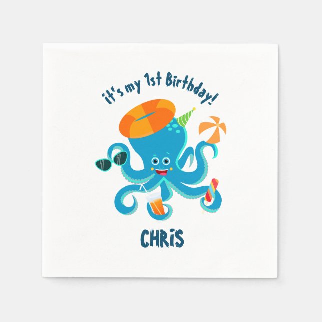  Blue Octopus Under the Sea Boy Birthday Party Napkins (Front)