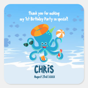  Blue Octopus Under the Sea Boy Birthday Party Square Sticker