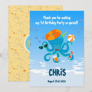 Blue Octopus Under the Sea Boy Birthday Party Thank You Card