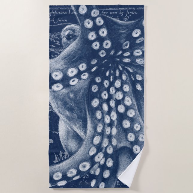 Blue Octopus Vintage Map Chic Beach Towel (Front)