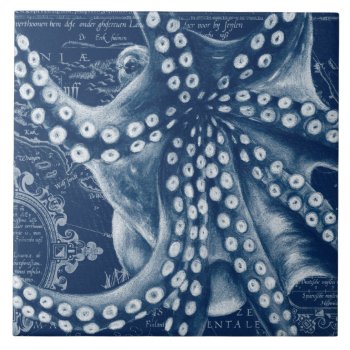 Blue Octopus Vintage Map Chic Ceramic Tile by EveyArtStore at Zazzle