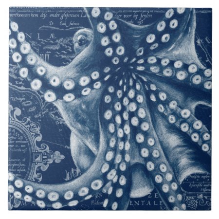 Blue Octopus Vintage Map Chic Ceramic Tile