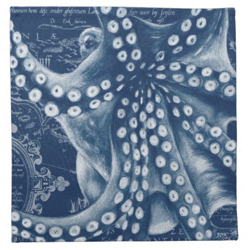 Blue Octopus Vintage Map Chic Cloth Napkin
