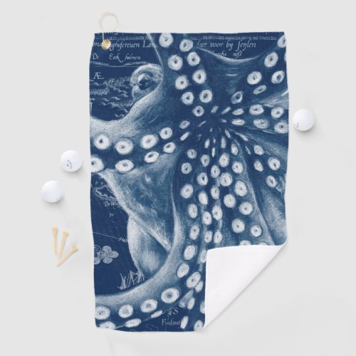 Blue Octopus Vintage Map Chic Golf Towel