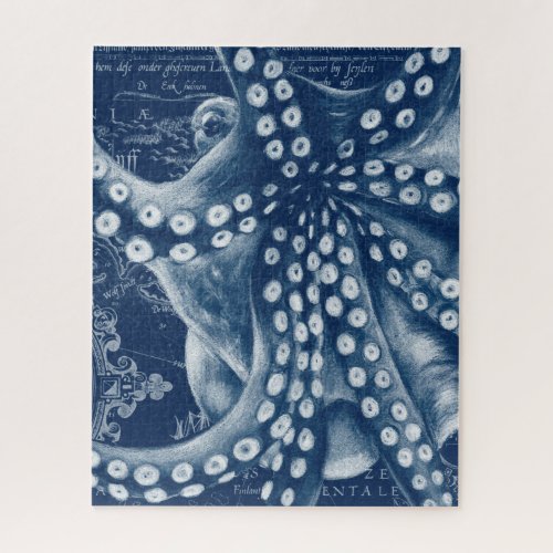 Blue Octopus Vintage Map Chic Jigsaw Puzzle