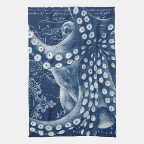 Blue Octopus Vintage Map Chic Kitchen Towel